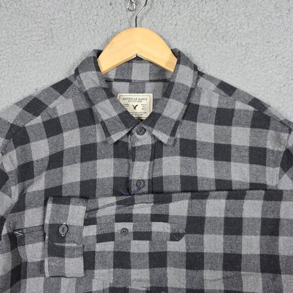 American Eagle Flannel Shirt Mens Size Large nGray Black Plaid Brushed Rugged NW - Picture 6 of 11